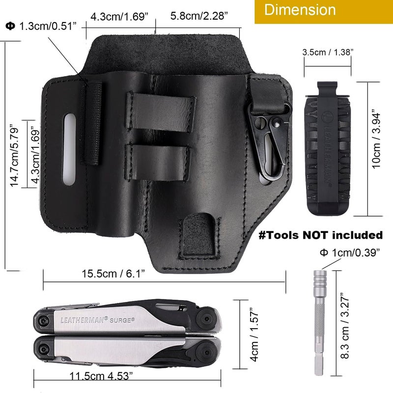 topstache Multitool Sheath for Belt - EDC Belt Organizer - Leather Multitool Holster with Flashlight Holder, Elastic Band Pen Holder and Keychain Clip - Multitool Holder - Multitool Pouch, Black - Image 5